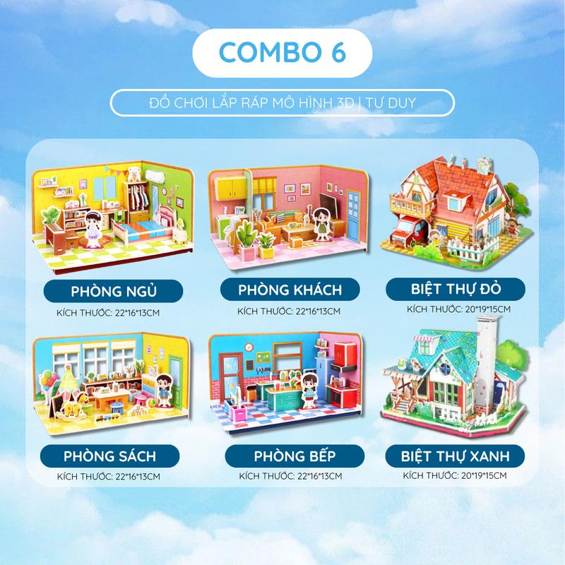 ( SIZE LỚN )Combo 6 mô hình lắp ráp: 4 Căn Phòng + 2 Biệt Thự | Mô Hình 3D Bằng Xốp Siêu Dễ Thương - Đồ chơi thông minh, phát triển tư duy cho bé