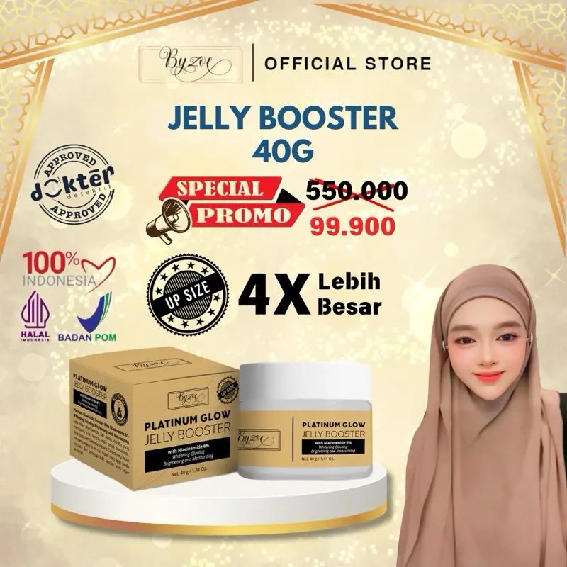[DOKTIF APPROVED] [EKSLUSIF BU OWNER] Byzoe [4X LEBIH BESAR] [ISI 1PCS 40GRAM] Byzoe Platinum Glow Jelly Booster Booster Whitening Glowing and Moisturizing Gold Jelly Booster.