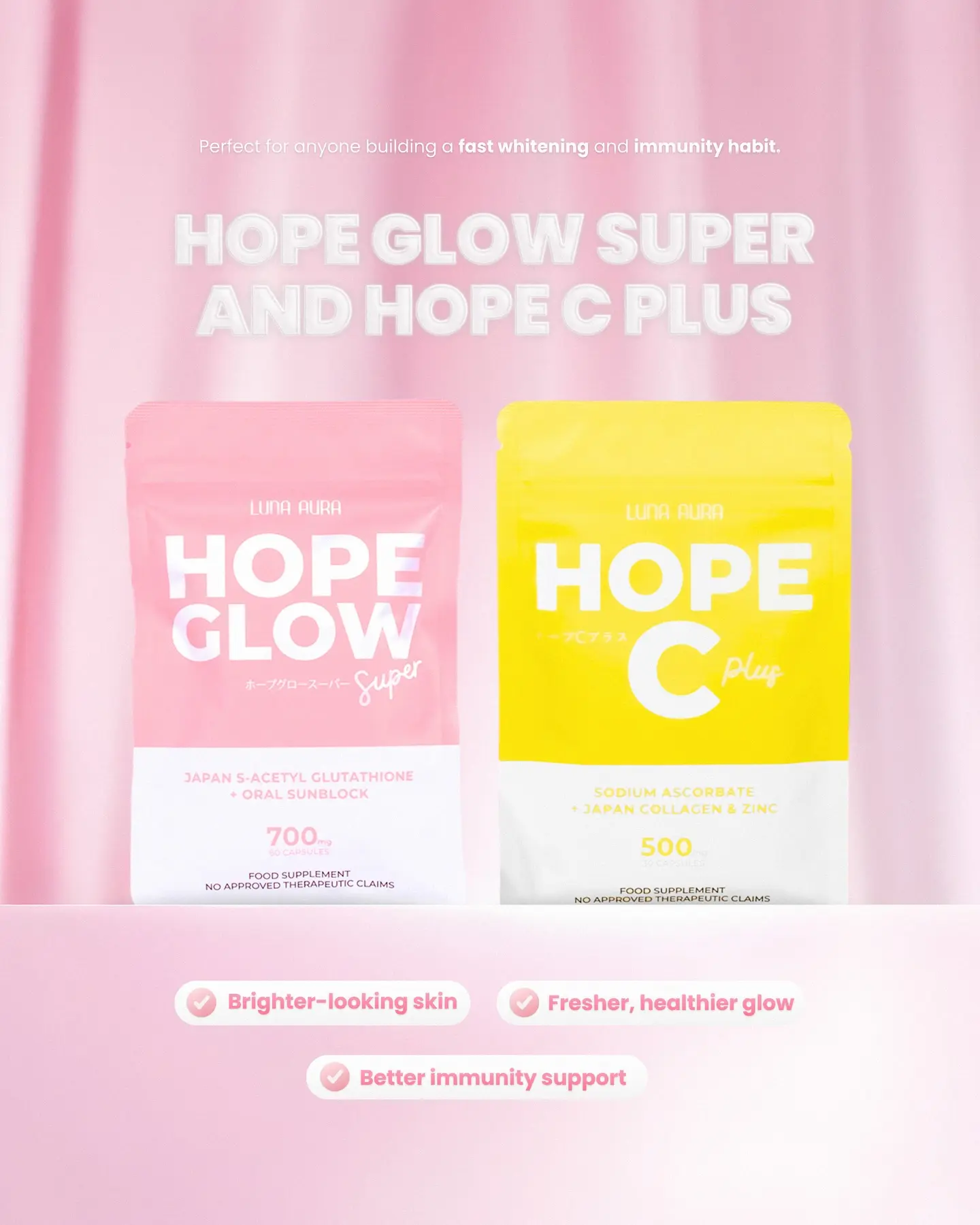 luna glutathione Luna Aura Hope Glow Whitening Capsules & Drinks Collection – Classic |  Glowing Skin Pro