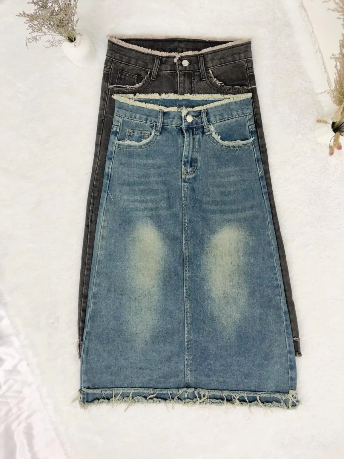 KOKO Callie - Rok Jeans Panjang Wanita Kekinian Variasi Biru Linen Hitam Korean Denim Nyaman Santai Kotak Pendek Satin Cantik