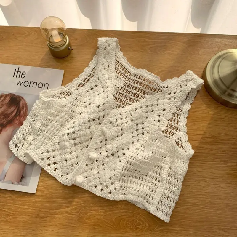 Áo Ba Lỗ Croptop Đan Áo Ba Lỗ, Thiết Kế Rỗng Phong Cách Cổ Điển, Dệt Kim Đi Biển, Cài Cúc, Áo Cardigan, Không Tay, Vải Sang Trọng Và Thường Ngày, Dành Cho Nữ 6