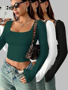 Camiseta elegante de corte ajustado y manga larga para mujer, top casual de moda para primavera y otoño, cómoda de tela elástica