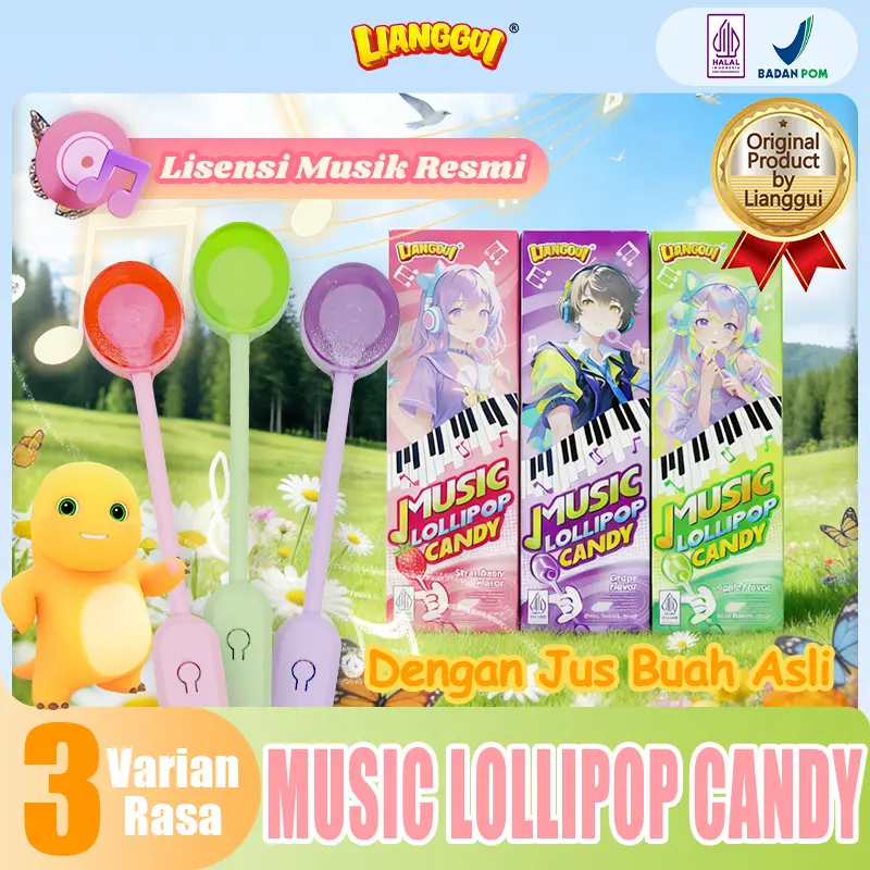 [HALAL] LIANGGUI Lollipop Musik Tersertifikasi BPOM. Tiga varian rasa: anggur, stroberi, apel. Camilan cocok untuk dewasa dan anak-anak. Cocok untuk pesta, berbagi dengan teman dan sebagai hadiah. Permen Viral.