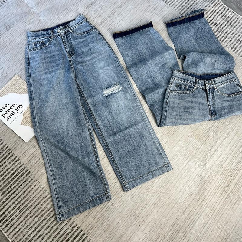 [LN71.1] Quần Jean Ống Suông 95cm Ống 24cm Màu Xanh Nhạt Biển Phối Rách Chất Vải QCCC Mềm Mịn