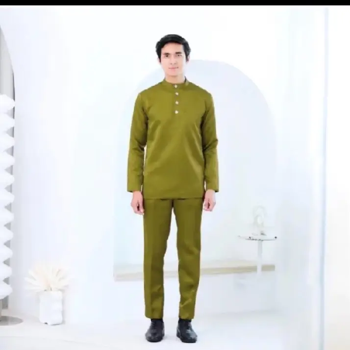 Abbdullah teluk belanga,cekak musang baju melayu pria,baju Malaysia pria,baju couple Koko Muslim Dewasa Panjang Lebaran Kurta Mewah Kancing Cowok Keren Formal Seragam Keluarga,baju couple Lebaran ibu ayah 3