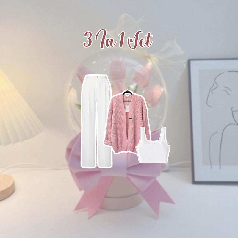 Set Pakaian 3 In 1 Wanita Korean Style Terbaru Model Celana Kulot Cardigan Inner Set AD126 - Panjang, Baju 1