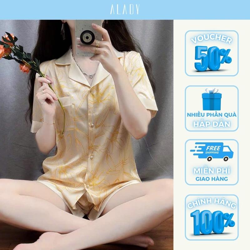 ALADY Đ106 - Đồ bộ nữ Pijama tay ngắn hoạ tiết với chất liệu lụa Latin cao cấp, mềm mại và thoáng mát