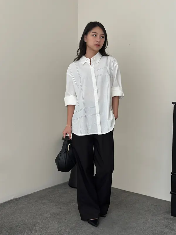 ASOKA Twila Shirt 2289 - Contrast Stitching Oversize Blouse Long Sleeve - Atasan Wanita Kemeja Kasual Linen Baju Panjang 8