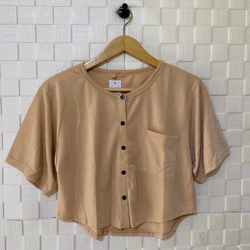 ATASAN CROP TOP KANCING OVAL PENDEK KANTONG POLOS WANITA / ATASAN WANITA / BAJU WANITA KEKINIAN 1
