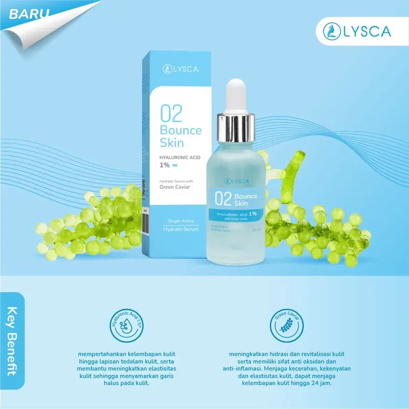 LYSCA 02 BOUNCE SKIN Hyaluronic Acid 1%* + Green Caviar Hydrate Serum 20ml Wajah Essence Perawatan Hydrating Extract Kering 1