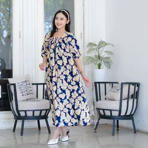 Daster Long Wanita Fuji Tali Dewasa Lengan Balon Motif Bunga Besar Bahan katun Rayon Bali LD 120 Panjang 130 Bumil Karet Dada Casual Dress Casual Dress Baju Gaun Pantai Floral