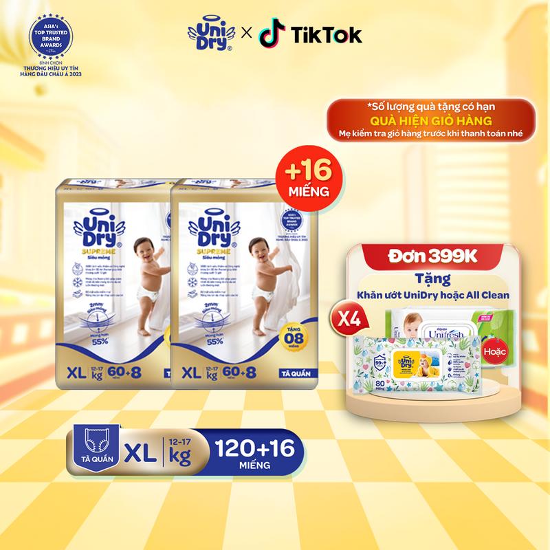 Combo 2 Tã quần UniDry Supreme siêu mỏng chỉ 2mm size M/L/XL/XXL + 16 miếng Cho Bé