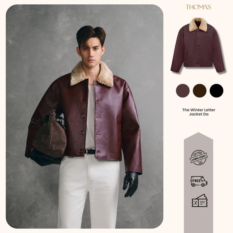   MỞ BÁN  Áo Khoác Da Nam Phối Cổ Lông THOMAS Winter Letter Sweet Jacket Form Crop Da Microfiber Chống Nhăn Thomas Stu AD03 
