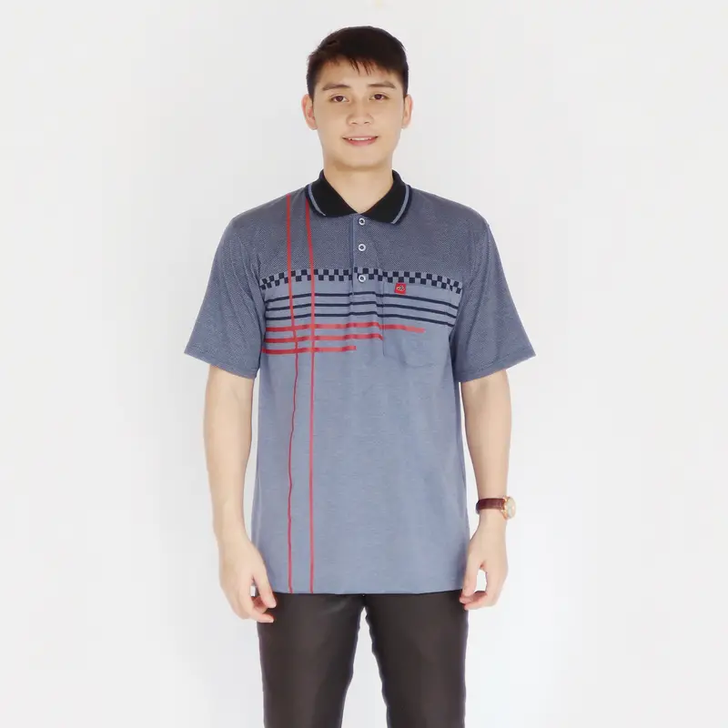 Sc - Baju Katun Motif Batik Lengan Pendek Pria Dewasa Distro - Kaos Saku Kerah Polo Atasan Cowok Santai Abu Panjang 0