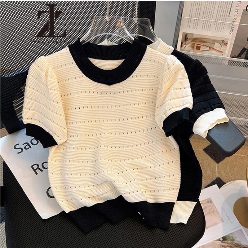  Áo Dệt Kim Trễ Vai Tay Phồng Đính Nơ Họa Tiết Kẻ Sọc 