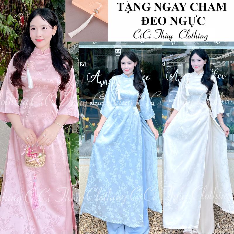 Áo Dài Gấm Eo Uyển Như - Áo Dài Gấm Chít Eo Cổ Truyền Thống 5 Tông Màu Hoạ Tiết Hoa - CiCi Thuỳ Clothing trang phục truyền thống