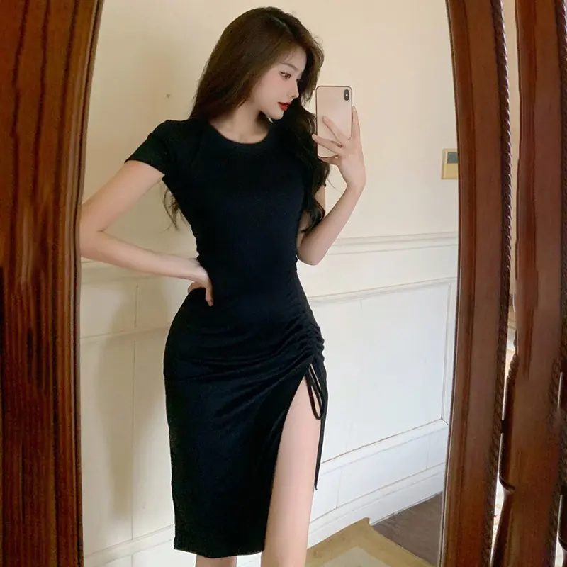 Temperament Drawstring Slit Women’s Summer Waist Waist Mid-length Slim Bag Hip Dress