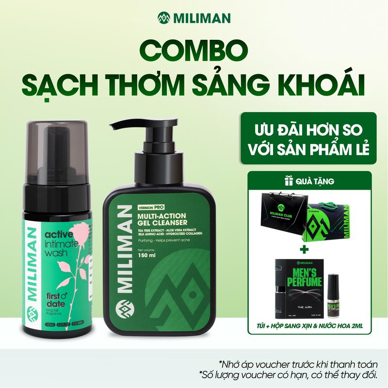  Combo Sạch Thơm Sảng Khoái MILIMAN – Sữa Rửa Mặt Nam và Bọt Vệ Sinh Vùng Kín | Tặng Nước Hoa The Aura 2ml 