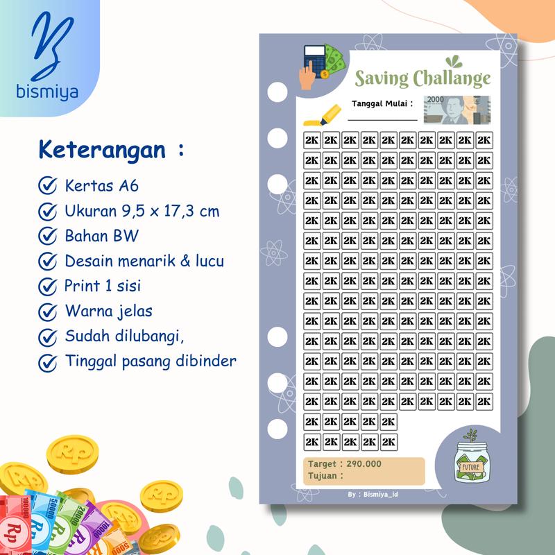 [paket 6pcs menabung] isi binder A6 menabung saving challenge tantangan menabung A6 isi 6 lubang isi nabung sesuai  jumlah uang 2