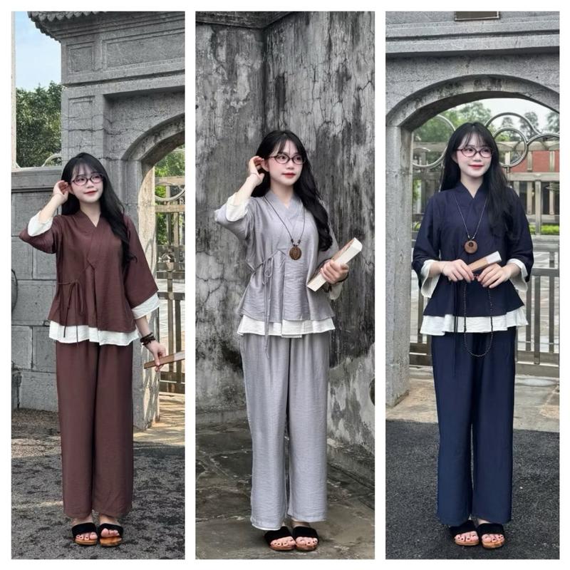    đủ size 60kg-100kg  bộ pháp phục vạt chéo buộc dây áo 2 lớp quần dài chất đũi cho nữ 