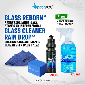 PAKET ANTI JAMUR KACA GLASS COATING EFEK DAUN TALAS ANTI AIR - nanoTECH PROTECTION - GLASS REBORN + GLASS CLEANER RAIN DROP + APPLICATOR FELT BLOCK + MICROFIBER (GCRD GR FBA MMW). Car Pembersih