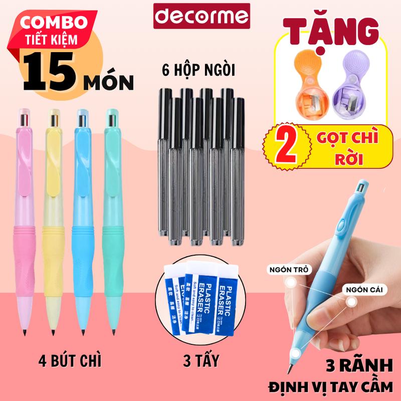 [COMBO 15 MÓN] Bút chì cá heo kèm hộp ngòi và 3 gôm tẩy cho bé tập viết Decorme giúp bé cầm bút đúng tư thế, viết lâu không đau, không mỏi t