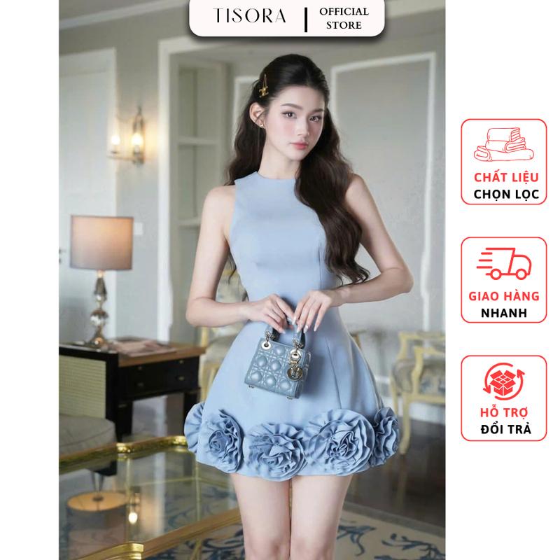 Đầm dự tiệc cổ tròn sát nách đính hoa sang chảnh 3 màu: Xanh, Be, Đen - Melia Dress