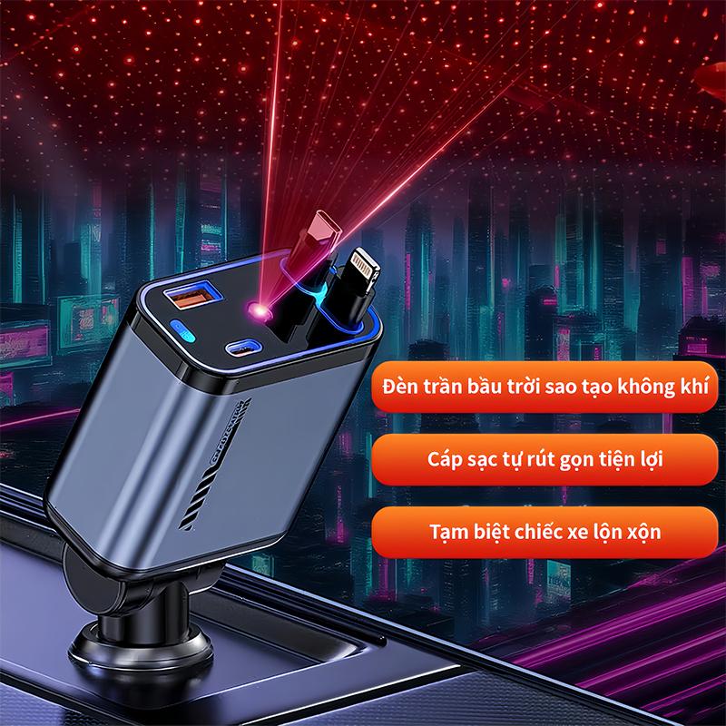 Sạc Ô Tô 120W 4 Trong 1 Cổng Tẩu Điện Kèm 2 Dây Cáp Sạc Nhanh Đèn LED Bầu Trời Sao Lãng Mạn
