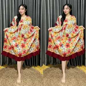 Dress Amanda Rayon Premium Wanita Midi Motif Bunga Cantik dengan Ruffle Pinggir