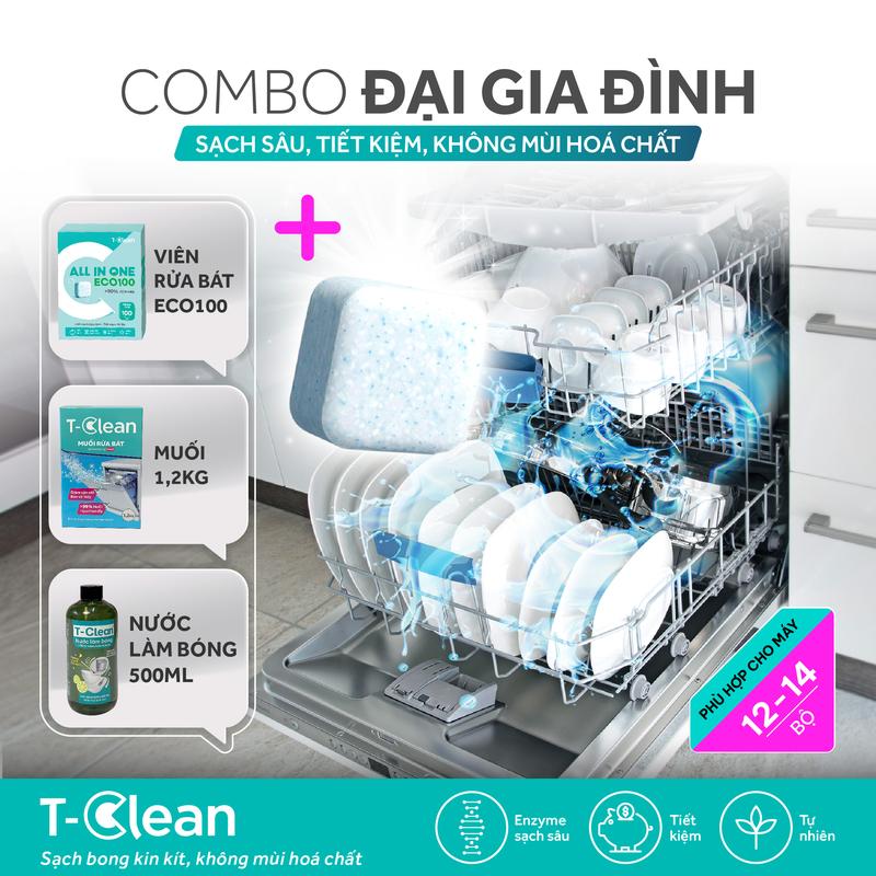  T-Clean Combo Siêu Tiết Kiệm Quốc Dân Viên Rửa Chén 100 Viên Muối Rửa Bát 1,2kg Nước Làm Bóng 500ml Làm Sạch Sâu Khử Khuẩn An Toàn Cho Gia Đình Dùng Cho Máy 12-14 Bộ 
