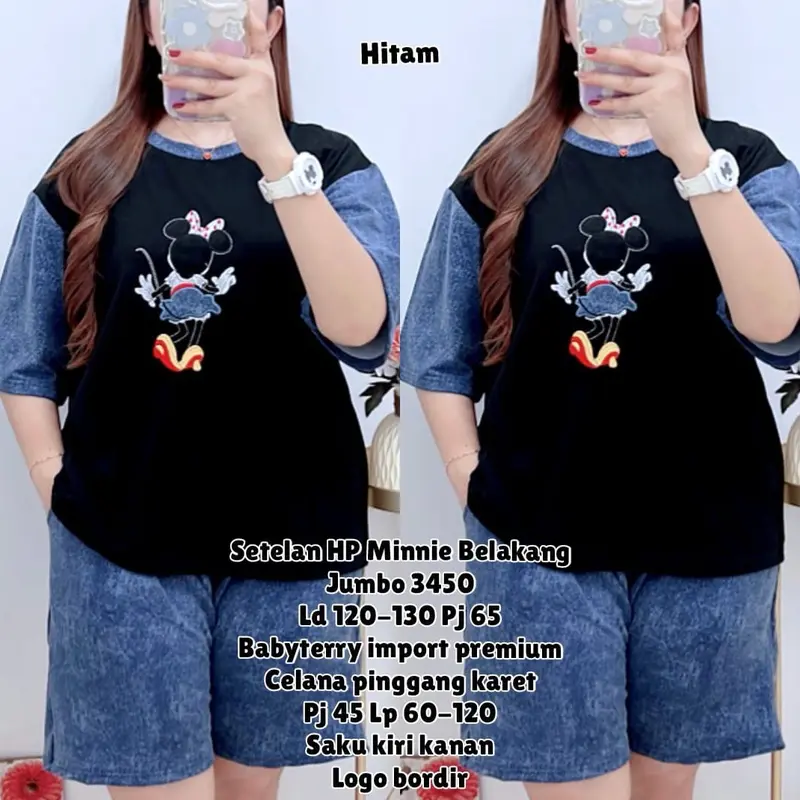 3450 SETELAN HP MINNIE JUMBO LD120-130 BABYTERRY WANITA |ONE SET SANTAI|SETELAN RUMAHAN|SET CELANA PENDEK 1