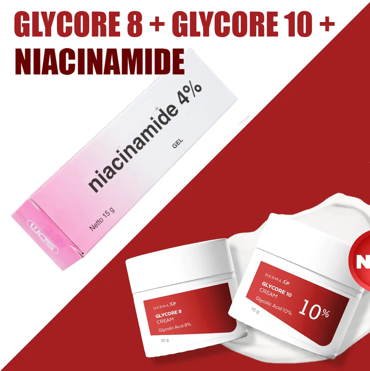 GLYCORE + NIACINAMIDE paket bebas jerawat, mencerahkan wajah, area lipatan, flek hitam bekas jerawat