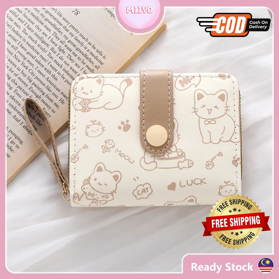 Dompet pendek wanita comel dengan zip,Dompet kucing & tali tangan, Dompet wanita ruang besar, Dompet wanita murah,wallet cute,women purse,cute purse,PU Leather purse money bags mini purse small, women cute cash pink wallet Duit Syiling
