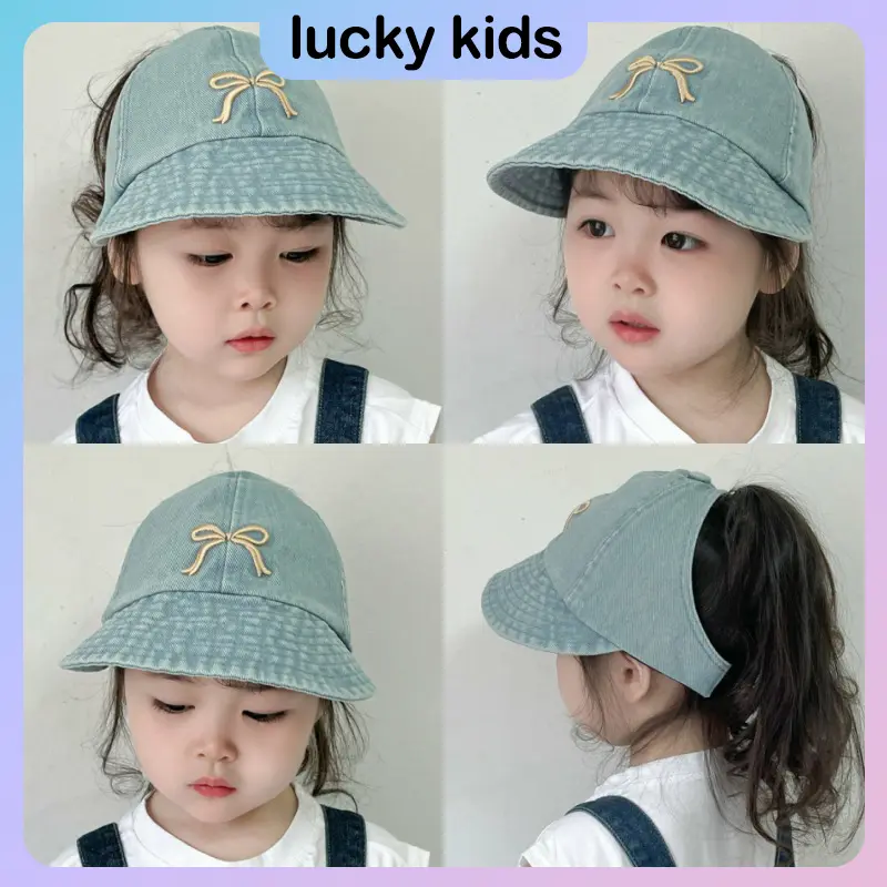Mũ Che Nắng Cao Bồi Cho Trẻ Em, Thiết Kế Thêu Nơ Dễ Thương, Chất Liệu Denim Vành Lớn, Áo Rỗng, Thích Hợp Cho Bé Gái, Có Tấm Che Mặt Thoáng Khí, Phong Cách Trẻ Em Dễ Thương