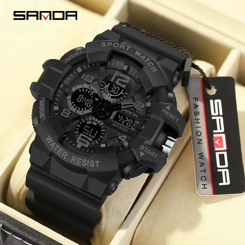 Đồng Hồ Quân Đội, Thương Hiệu SANDA, Phong Cách G, Đồng Hồ Thể Thao Chống Sốc Kỹ Thuật Số, Dành Cho Nam Giới, Đồng Hồ Đeo Tay Điện Tử Không Thấm Nước, Đồng Hồ Đeo Tay Nam