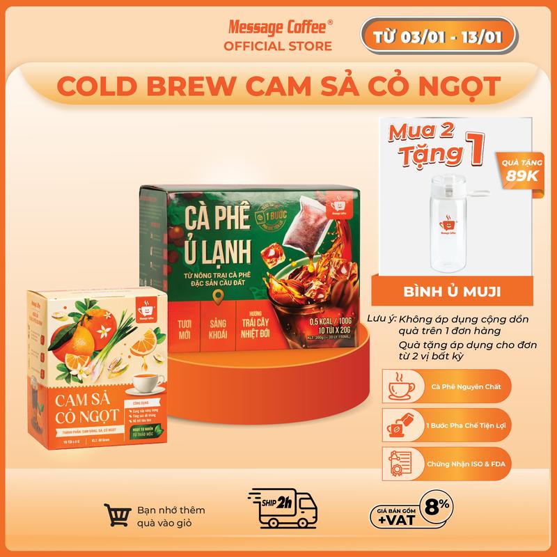  Cà phê Cold Brew túi lọc Arabica Cầu Đất mix Cam sả cỏ ngọt – Cafe ủ lạnh tiện lợi một bước pha chế từ Message Coffee Combo 2 Hộp  10 túi cà phê x 20g 10 túi cam sả x 8g  