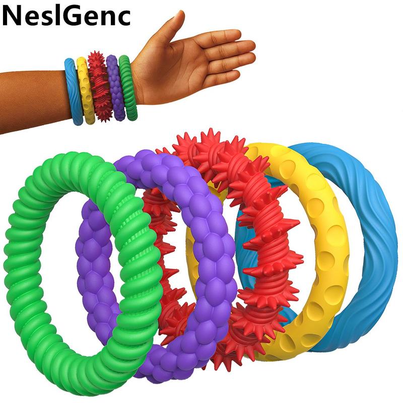 Product Introduction of Silicone Texture Decompression Toy, 5 Counts/set Colorful Fidget Toys, Sensory Texture Bracelet, Stress Relief Toy for Kids & Adults 0