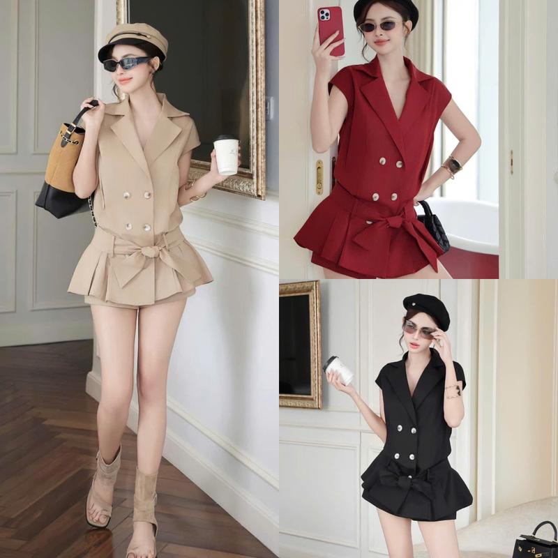  G18 Set kaki  áo bà quần  áo cổ vest dáng váy phối quần ngắn - Set đồ nữ đẹp 