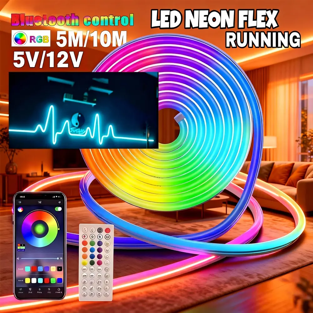 Lampu Neon Flex Running LED Remote 5M 10M Lampu Warna Warni LED Running RGB App Control Sensor Tahan Air USB