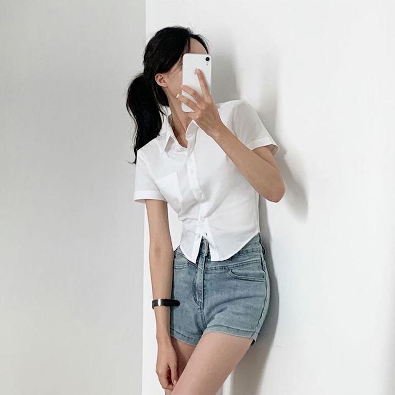 Product Introduction of Short Sleeve Blouse For Women Korean Style White Sexy Slim Fit Casual Fashion Elegant Polo Shirt 2024 Summer Solid Color Office Wear 7
