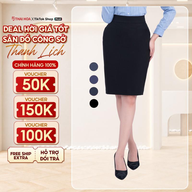 Chân váy một lớp R01 chất liệu cotton tự nhiên, cạp cao trên rốn, form bút chì ôm các màu Thái Hòa CVW-R01