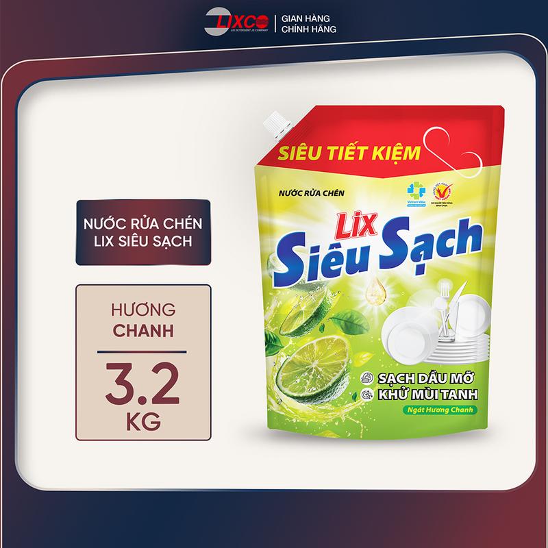 Nước rửa chén LIX 3.2KG siêu sạch hương chanh loại túi N4308 làm sạch vết bẩn dầu mỡ không hại da tay