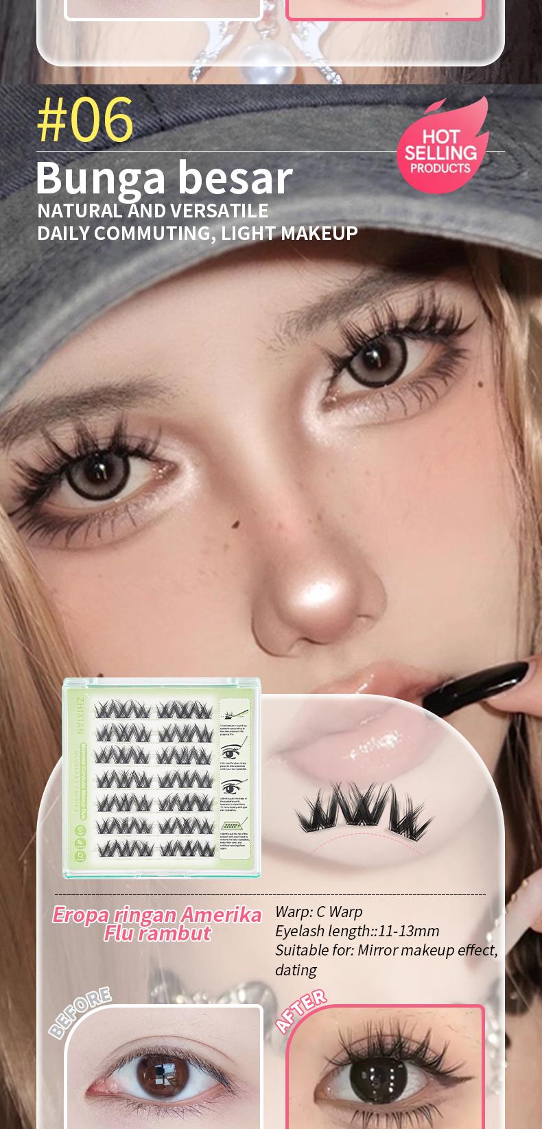 ZhiXian Bulumata palsu pemula bebas lem tidak perlu menggunakan lem bulu mata palsu dapat digunakan kembali Eyelash extension set C Curl False Eyelash Length 10-12 mm