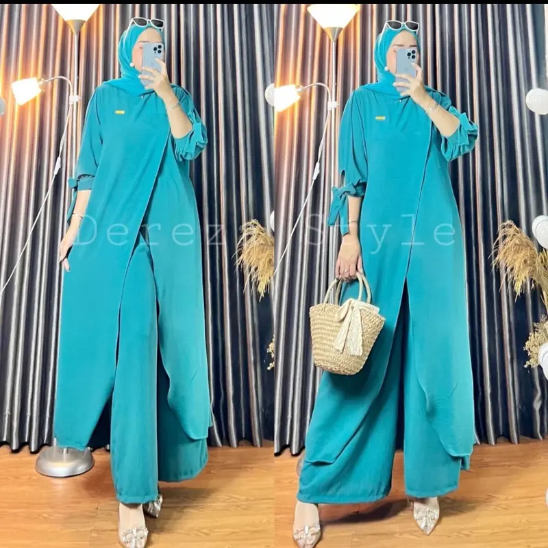 One set tunik dere - zaa style setelan baju dan celana cringkel air flow setelan polos two piece setelan wanita terbaru baju wanita Flare Sleeve Green 5