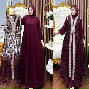 TSANIA DRESS GAMIS SET OUTER BRUKAT TERBARU 2025 CERUTY BABYDOLL MIX BRUKAT DAN RENDA GAMIS WARNA MAHOGANY TERBARU LEBARAN MEWAH