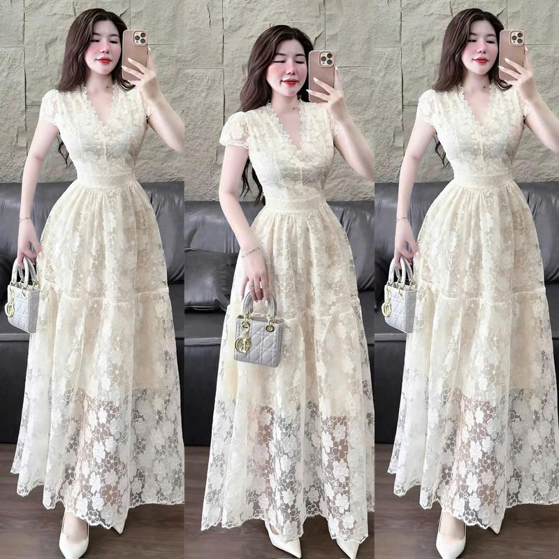 Đầm Xòe Nữ Dự Tiệc Maxi Ren Thêu Bông Cổ V Có Lót Trong Quyến Rũ Tôn Dáng Nữ Tính Dịu Dàng Thanh Lịch Sang Trọng Dễ Thương - Free Size - Women Top