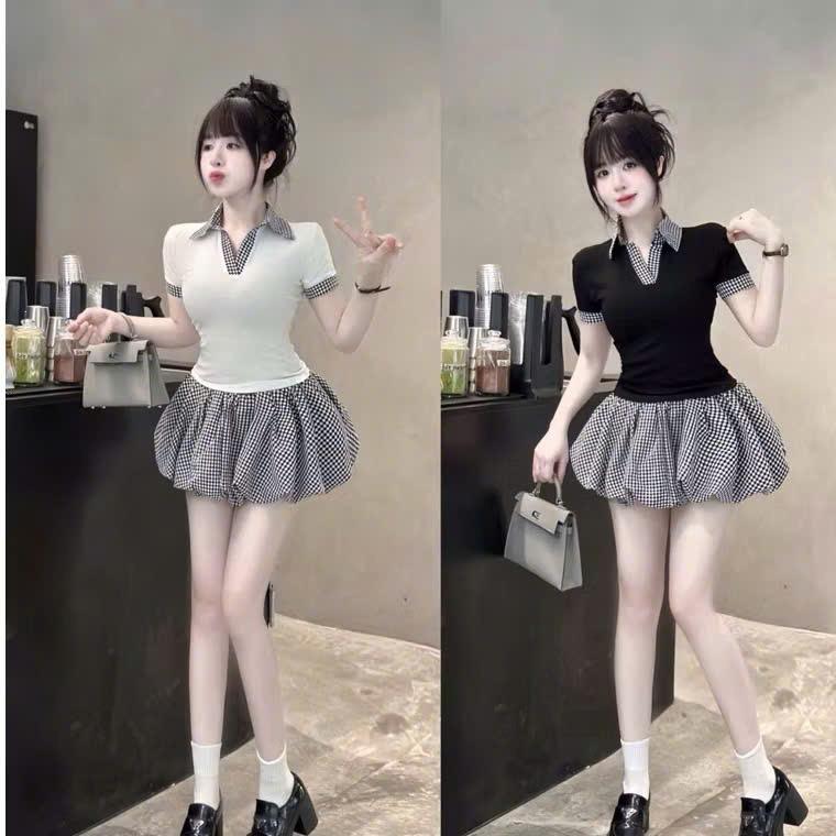 Sét áo cotton cổ bẻ viền carro tay ngắn phối chân váy bí kẻ sọc dáng ngắn  xinh yêu thích hợp cho nàng dự tiệc,đi chơi_ Chất thun tăm lạnh phối cotton T044