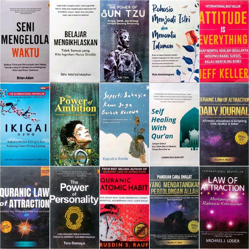 BUKU MOTIVASI / NANTI JUGA SEMBUH SENDIRI / KALA TAKDIR MASIH BISA DIUBAH / THE POWER OF JALUR LANGIT / KITAB FIRASAT / BICARA ITU ADA SENINYA / 60 DETIK / TRIK MEMIKAT LAWAN BICARA / LANCAR PUBLIC SPEAKING / HEALING / QURANIC ATOMIC HABIT / MONEY HABITS 1