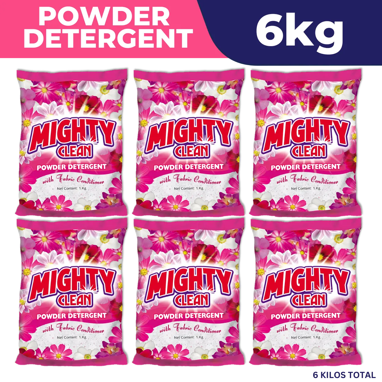 Mighty Clean Detergent Powder Floral Blossom - Powder (Pink) - SET 6 Kilos (1 Kilo X 6 pouches) Household Flower
