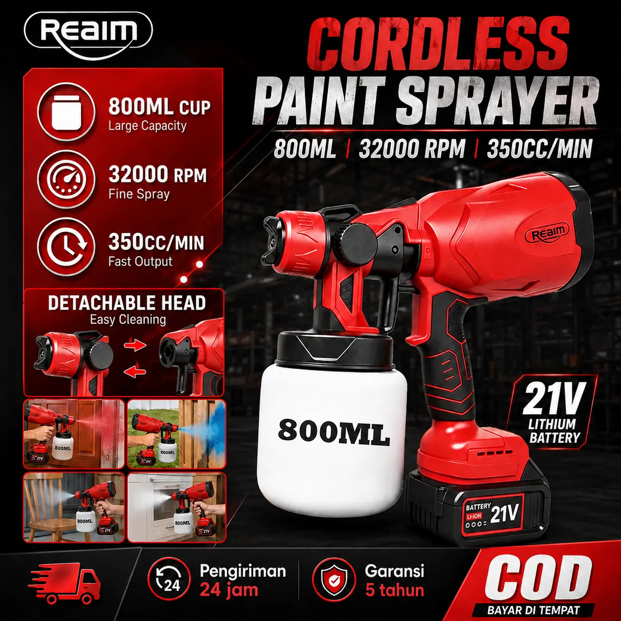 REAIM Spray Gun Listrik Baterai 21V 800ML Mesin Cat Semprot Cordless Sprayer Cat Portable Alat Semprot Cat Untuk Cat Tembok Kayu Besi Pagar Renovasi Proyek Rumah Tukang Cat Profesional 32000RPM 350CCMIN Kuat Tahan Lama Garansi 5 Tahun